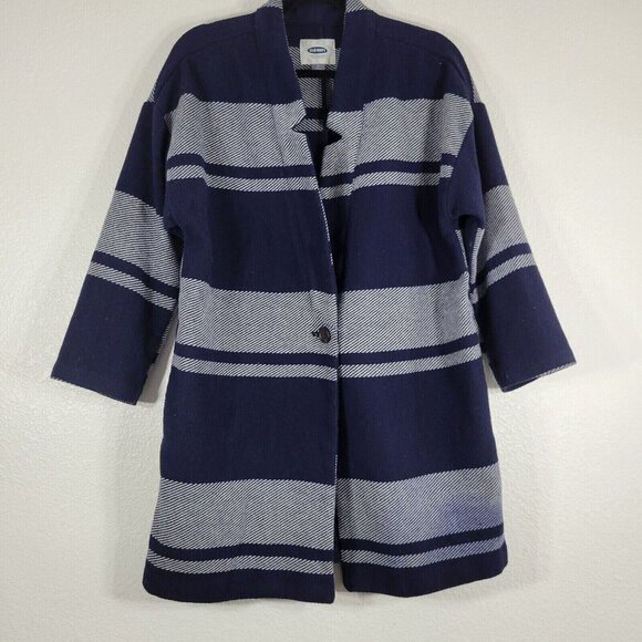 Old Navy Coat Jacket Women Medium Mid Length Button Stripe Blue Wool Blend - Picture 1 of 13